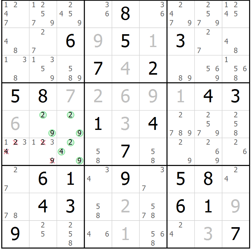 Position des candidats pour la solution de la Gr 58 page 60 du magazine de sudoku Expert n° 020