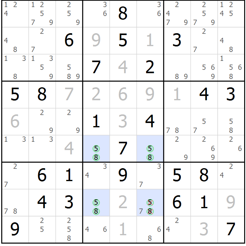 Position des candidats pour la solution de la Gr 58 page 60 du magazine de sudoku Expert n° 020