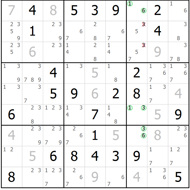 Position des candidats pour la solution de la Gr 65 page 67 du magazine de sudoku Expert n° 020