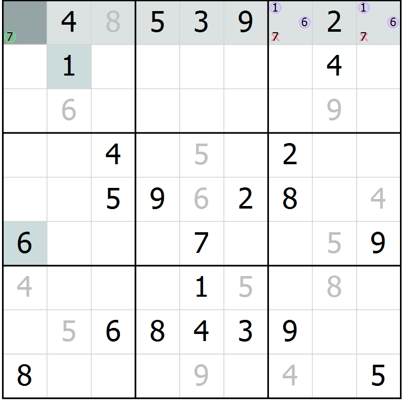 Position des candidats pour la solution de la Gr 65 page 67 du magazine de sudoku Expert n° 020