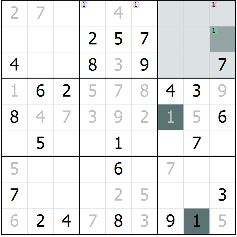 Position des candidats pour la solution de la Gr 1 page 3 du magazine de sudoku SUDOKU EXPERT n° 022