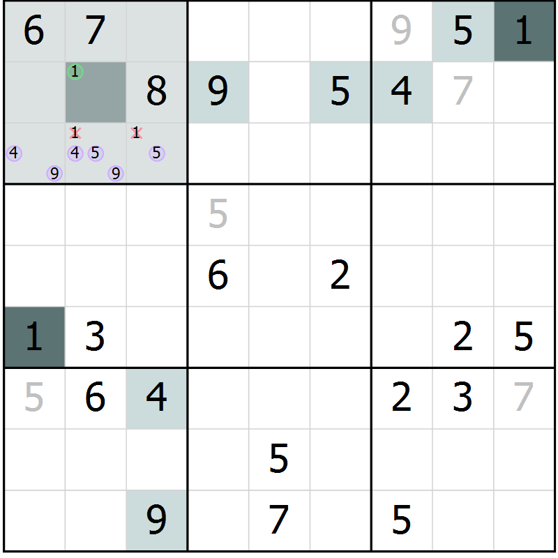 Position des candidats pour la solution de la Gr 11 page 13 du magazine de sudoku SUDOKU EXPERT n° 022