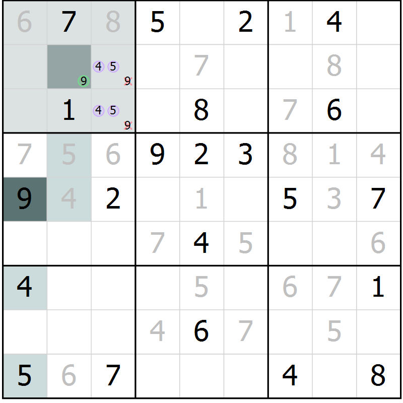 Position des candidats pour la solution de la Gr 14 page 16 du magazine de sudoku SUDOKU EXPERT n° 022