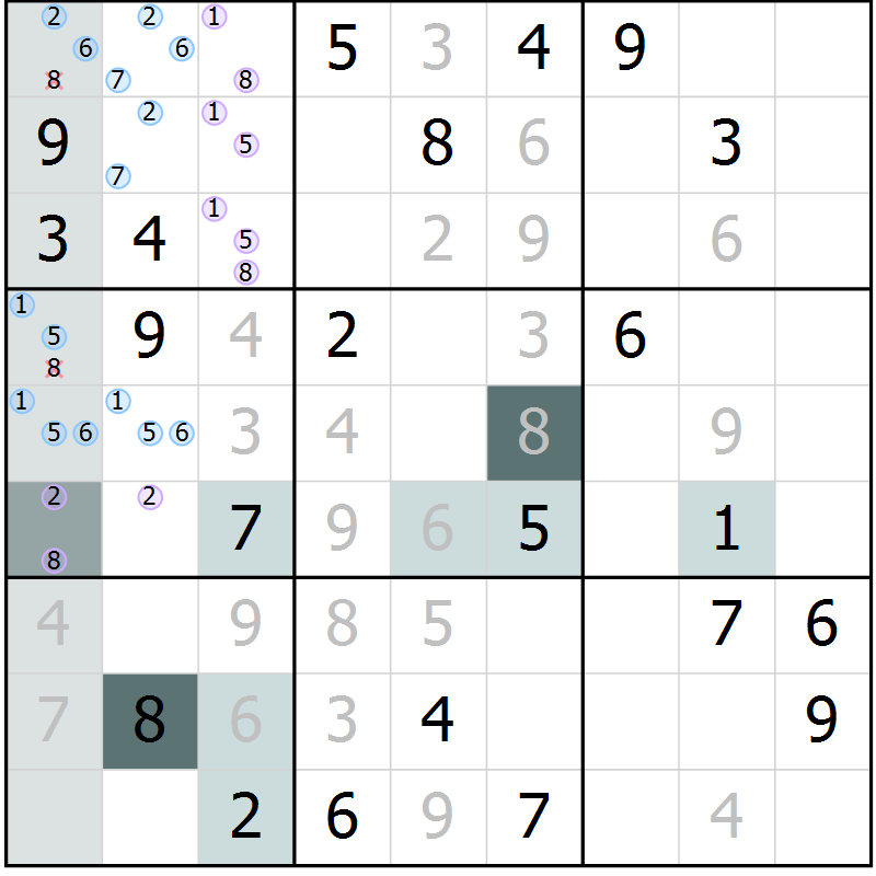 Position des candidats pour la solution de la Gr 19 page 21 du magazine de sudoku SUDOKU EXPERT n° 022