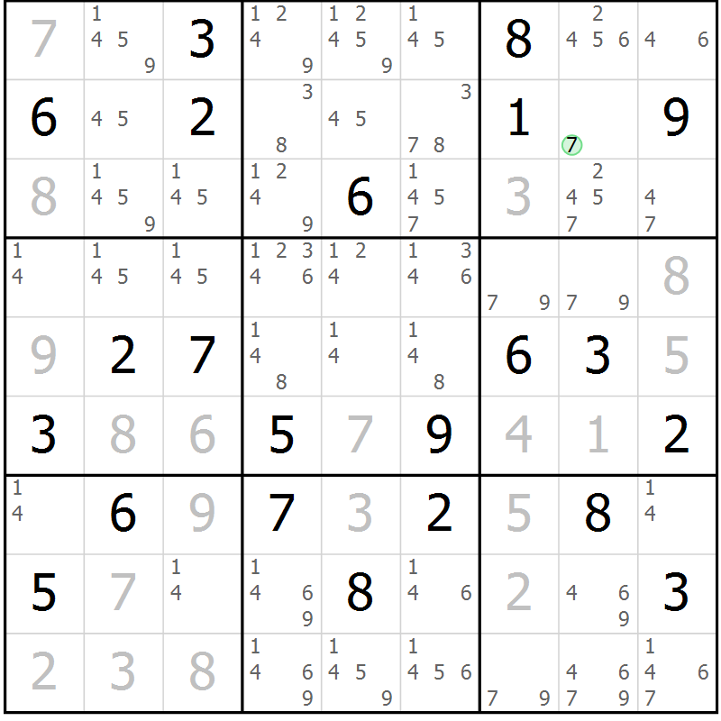 Position des candidats pour la solution de la Gr 21 page 23 du magazine de sudoku SUDOKU EXPERT n° 022
