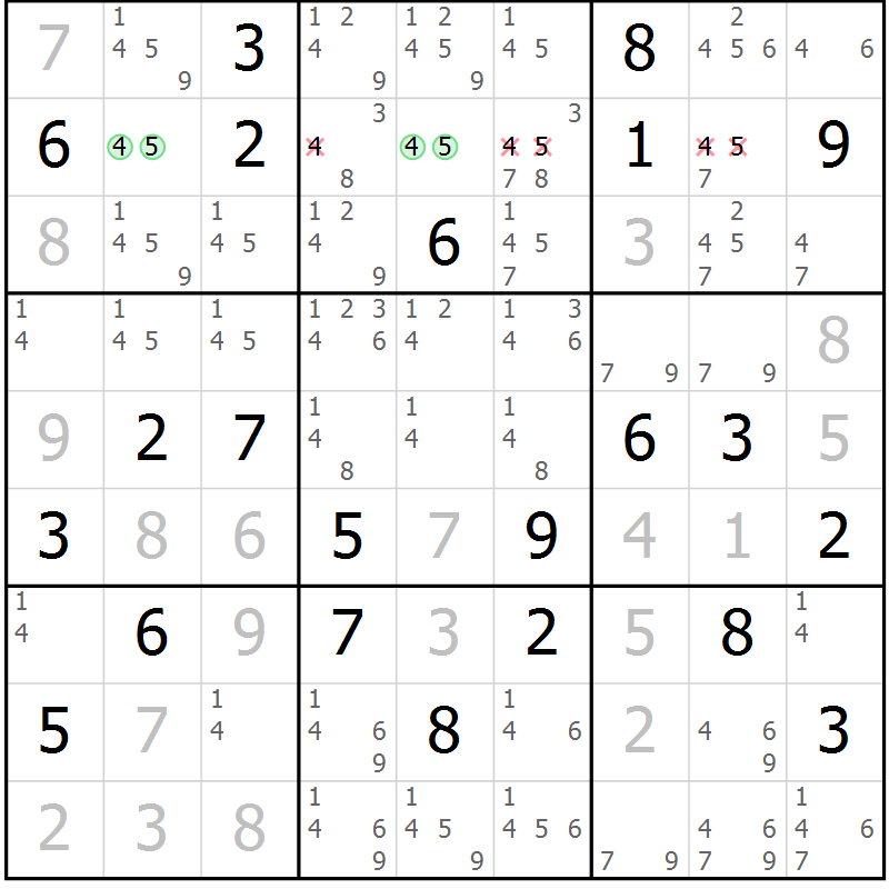 Position des candidats pour la solution de la Gr 21 page 23 du magazine de sudoku SUDOKU EXPERT n° 022