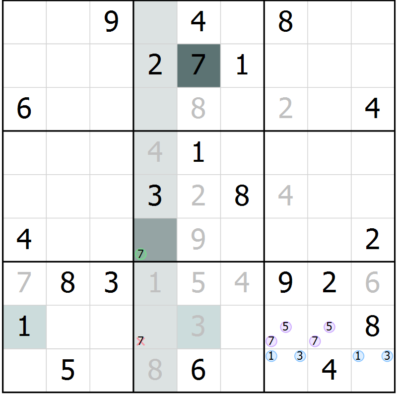 Position des candidats pour la solution de la Gr 23 page 25 du magazine de sudoku SUDOKU EXPERT n° 022