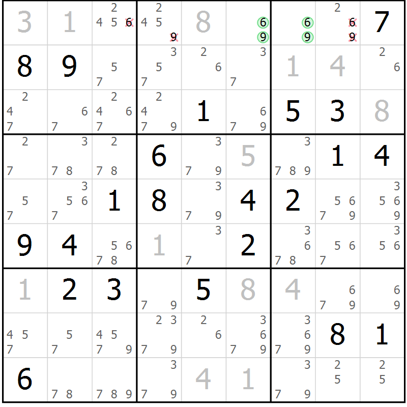 Position des candidats pour la solution de la Gr 25 page 27 du magazine de sudoku SUDOKU EXPERT n° 022