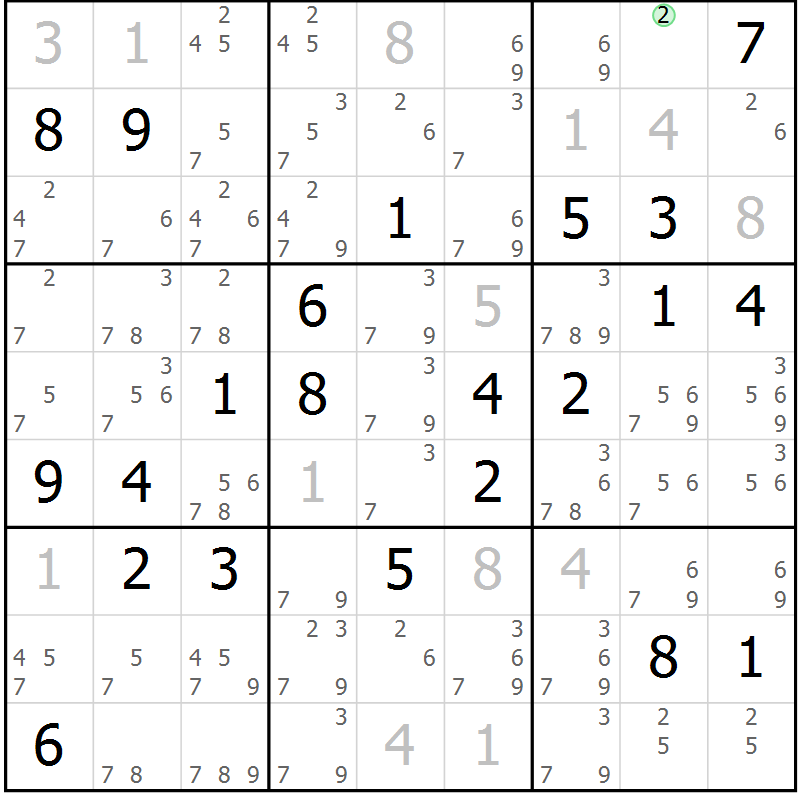 Position des candidats pour la solution de la Gr 25 page 27 du magazine de sudoku SUDOKU EXPERT n° 022