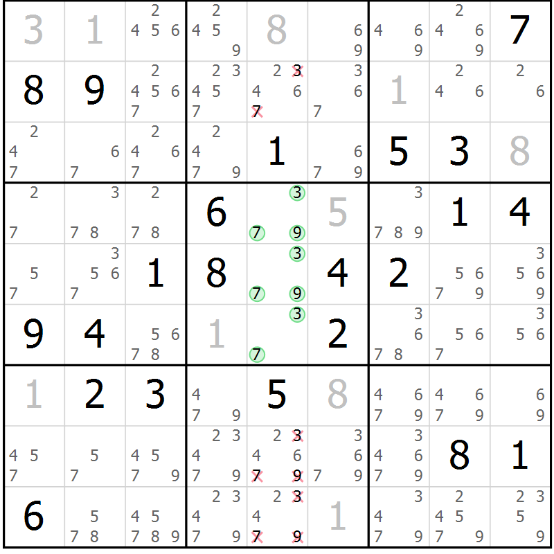 Position des candidats pour la solution de la Gr 25 page 27 du magazine de sudoku SUDOKU EXPERT n° 022