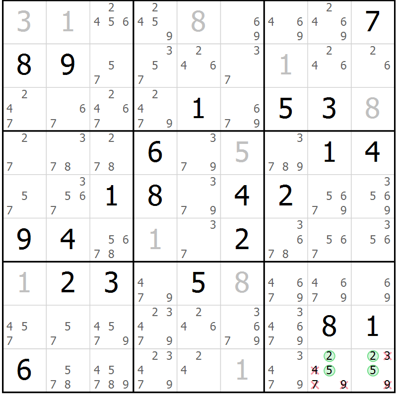 Position des candidats pour la solution de la Gr 25 page 27 du magazine de sudoku SUDOKU EXPERT n° 022
