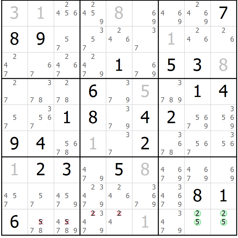 Position des candidats pour la solution de la Gr 25 page 27 du magazine de sudoku SUDOKU EXPERT n° 022