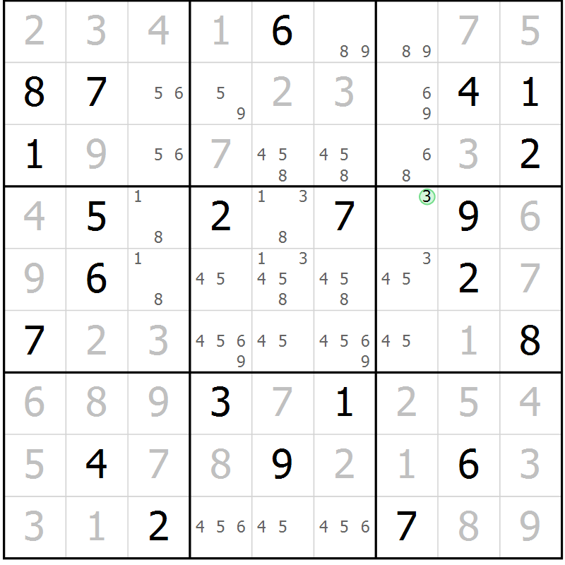Position des candidats pour la solution de la Gr 26 page 28 du magazine de sudoku SUDOKU EXPERT n° 022