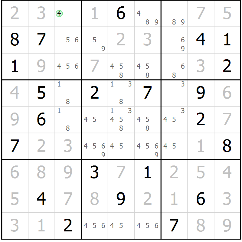 Position des candidats pour la solution de la Gr 26 page 28 du magazine de sudoku SUDOKU EXPERT n° 022