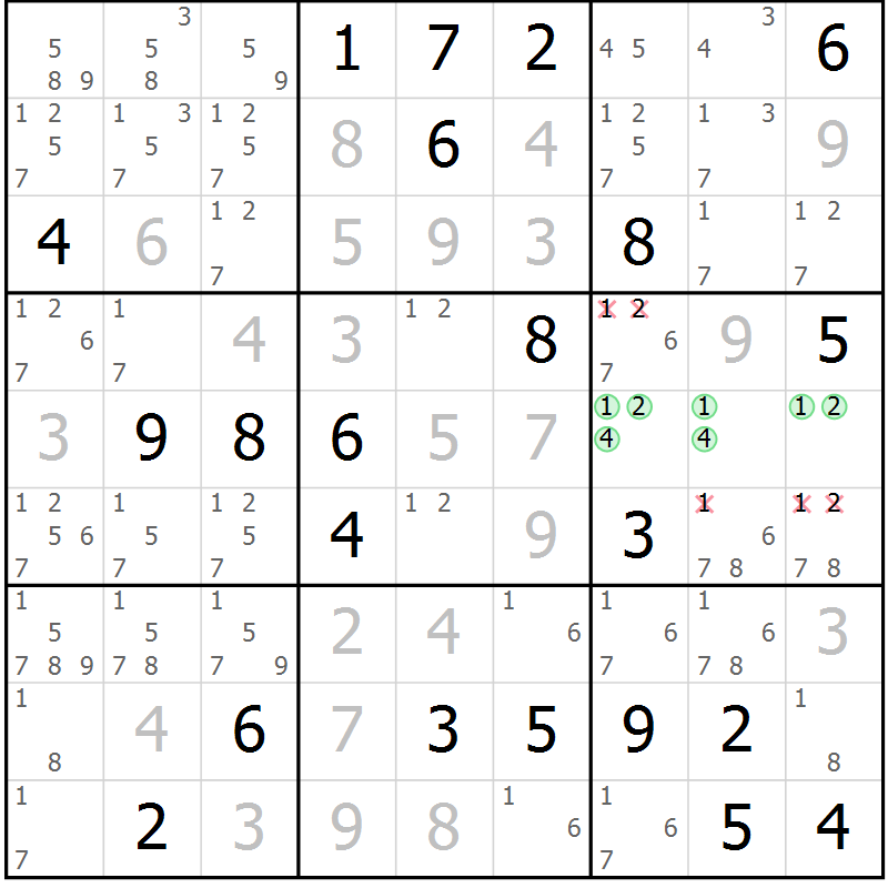 Position des candidats pour la solution de la Gr 27 page 29 du magazine de sudoku SUDOKU EXPERT n° 022