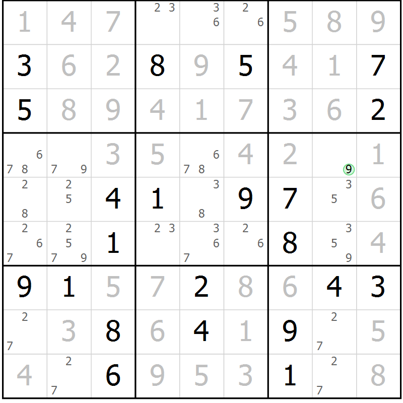 Position des candidats pour la solution de la Gr 28 page 30 du magazine de sudoku SUDOKU EXPERT n° 022