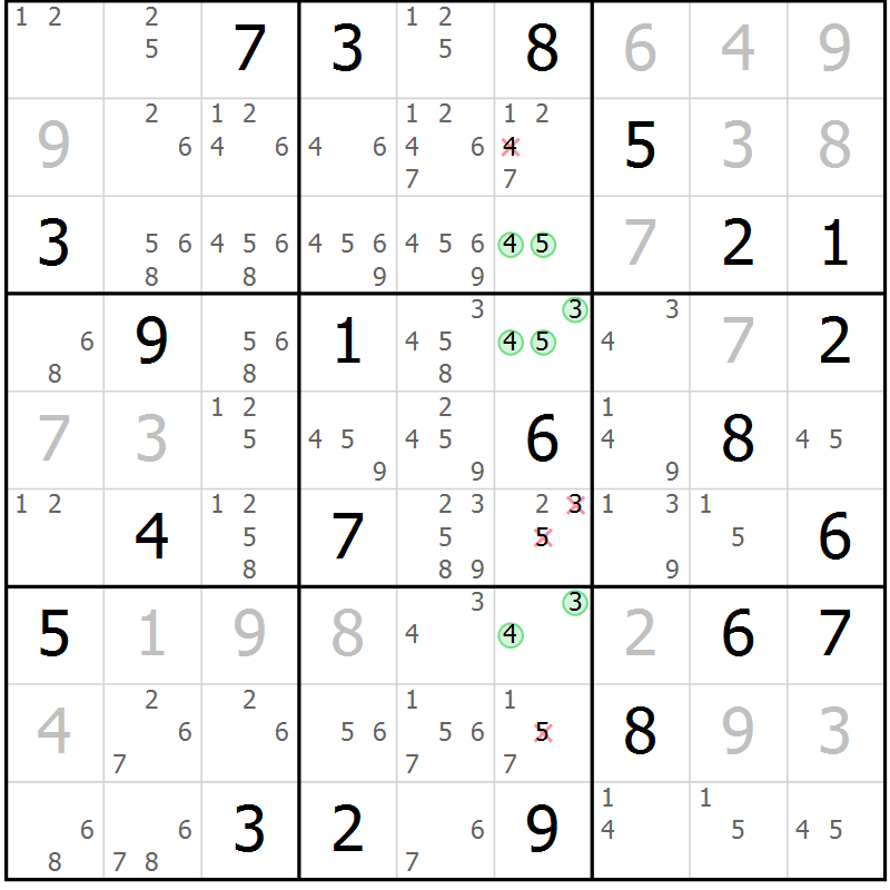 Position des candidats pour la solution de la Gr 33 page 35 du magazine de sudoku SUDOKU EXPERT n° 022