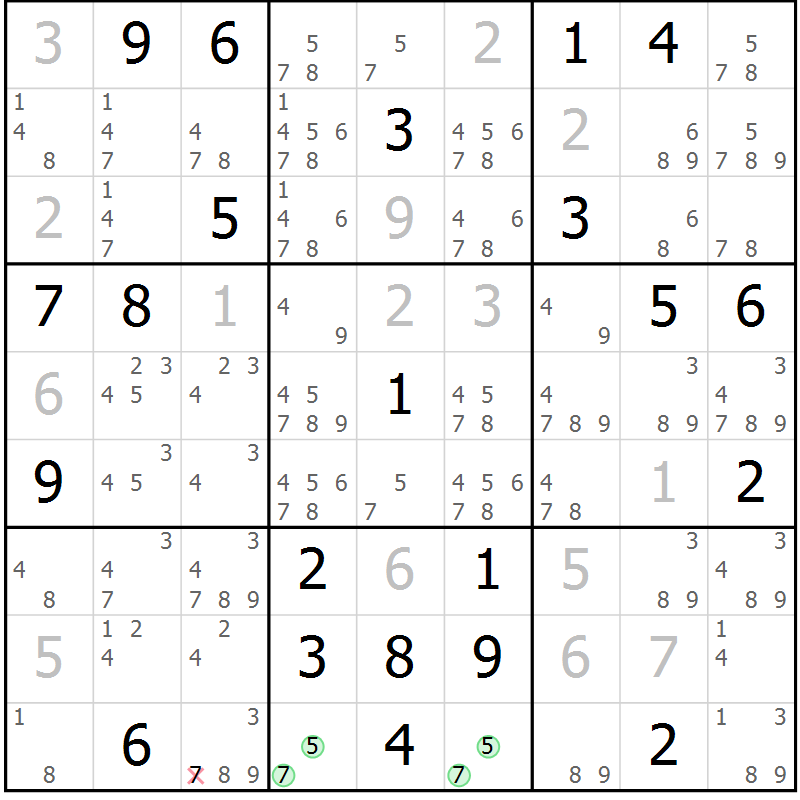 Position des candidats pour la solution de la Gr 34 page 36 du magazine de sudoku SUDOKU EXPERT n° 022