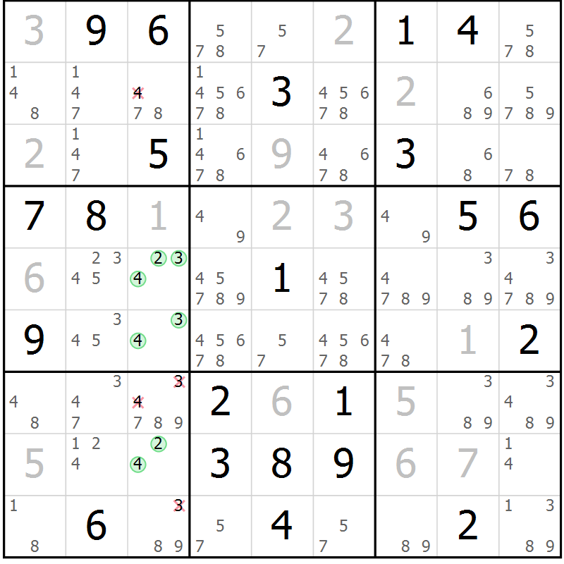 Position des candidats pour la solution de la Gr 34 page 36 du magazine de sudoku SUDOKU EXPERT n° 022