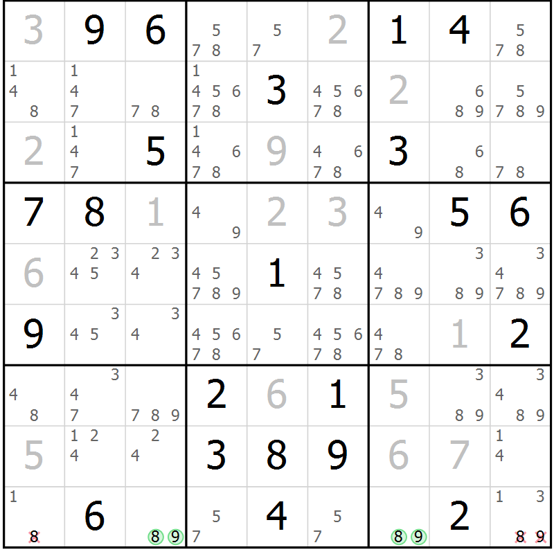 Position des candidats pour la solution de la Gr 34 page 36 du magazine de sudoku SUDOKU EXPERT n° 022