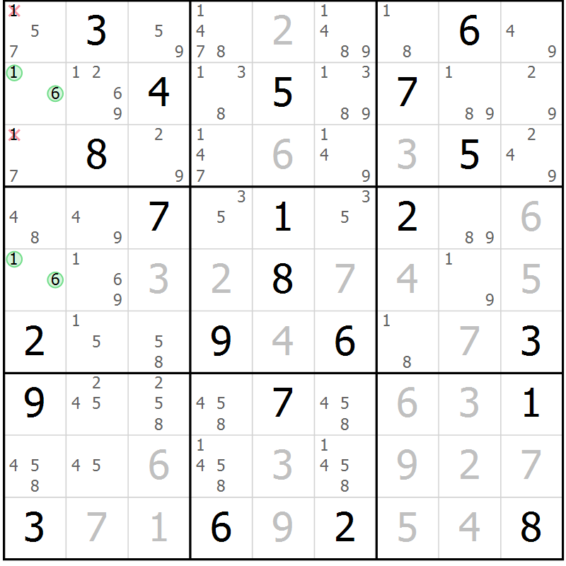 Position des candidats pour la solution de la Gr 36 page 38 du magazine de sudoku SUDOKU EXPERT n° 022