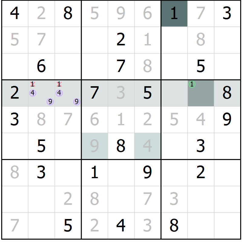 Position des candidats pour la solution de la Gr 4 page 6 du magazine de sudoku SUDOKU EXPERT n° 022