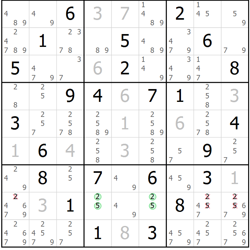 Position des candidats pour la solution de la Gr 43 page 45 du magazine de sudoku SUDOKU EXPERT n° 022