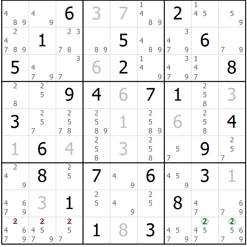 Position des candidats pour la solution de la Gr 43 page 45 du magazine de sudoku SUDOKU EXPERT n° 022
