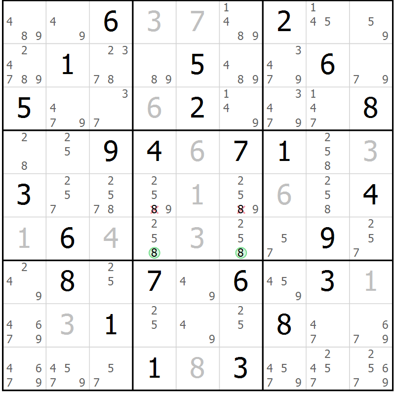 Position des candidats pour la solution de la Gr 43 page 45 du magazine de sudoku SUDOKU EXPERT n° 022