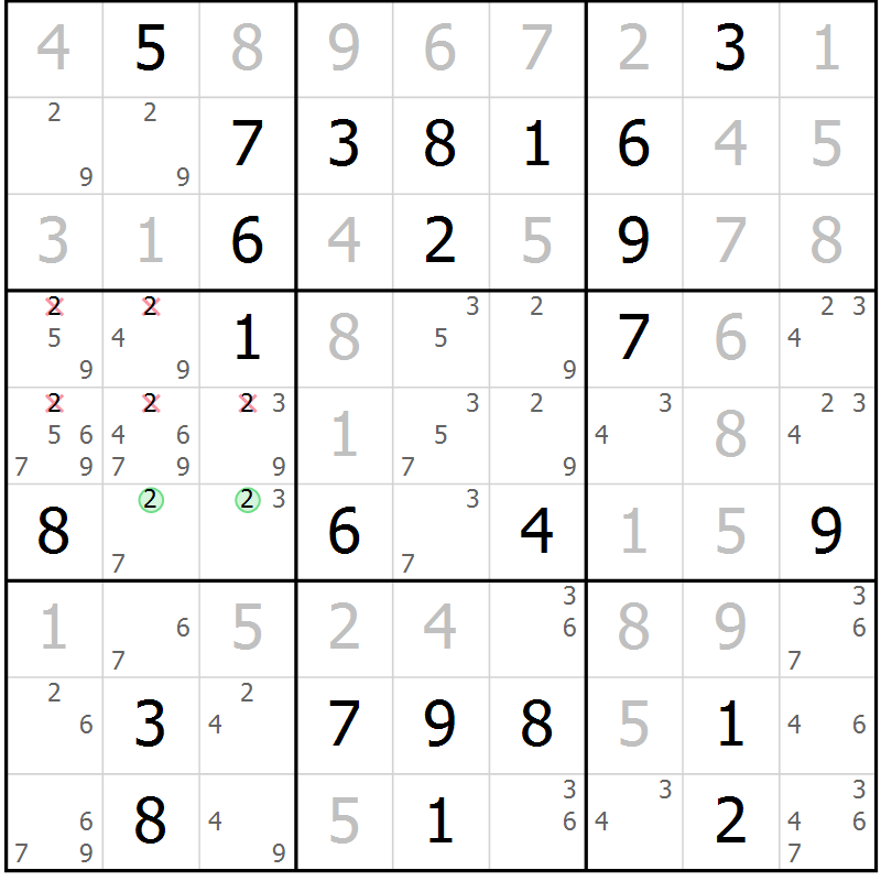 Position des candidats pour la solution de la Gr 44 page 46 du magazine de sudoku SUDOKU EXPERT n° 022