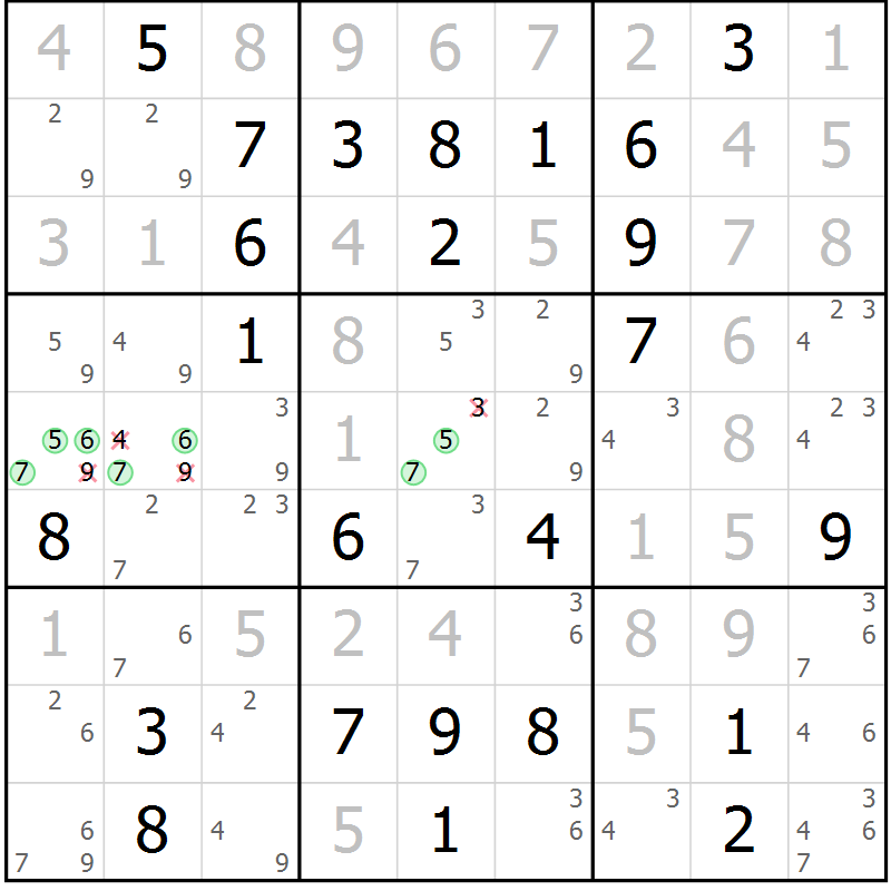 Position des candidats pour la solution de la Gr 44 page 46 du magazine de sudoku SUDOKU EXPERT n° 022