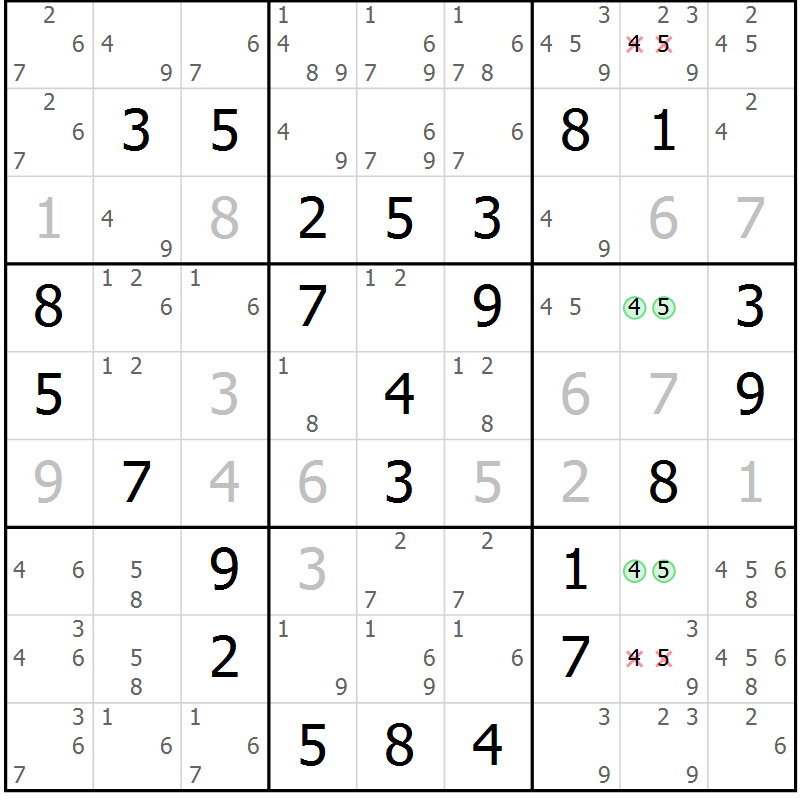 Position des candidats pour la solution de la Gr 45 page 47 du magazine de sudoku SUDOKU EXPERT n° 022