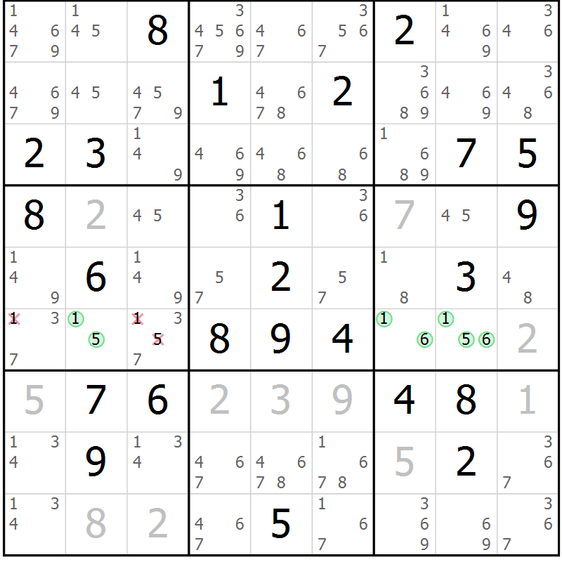 Position des candidats pour la solution de la Gr 48 page 50 du magazine de sudoku SUDOKU EXPERT n° 022