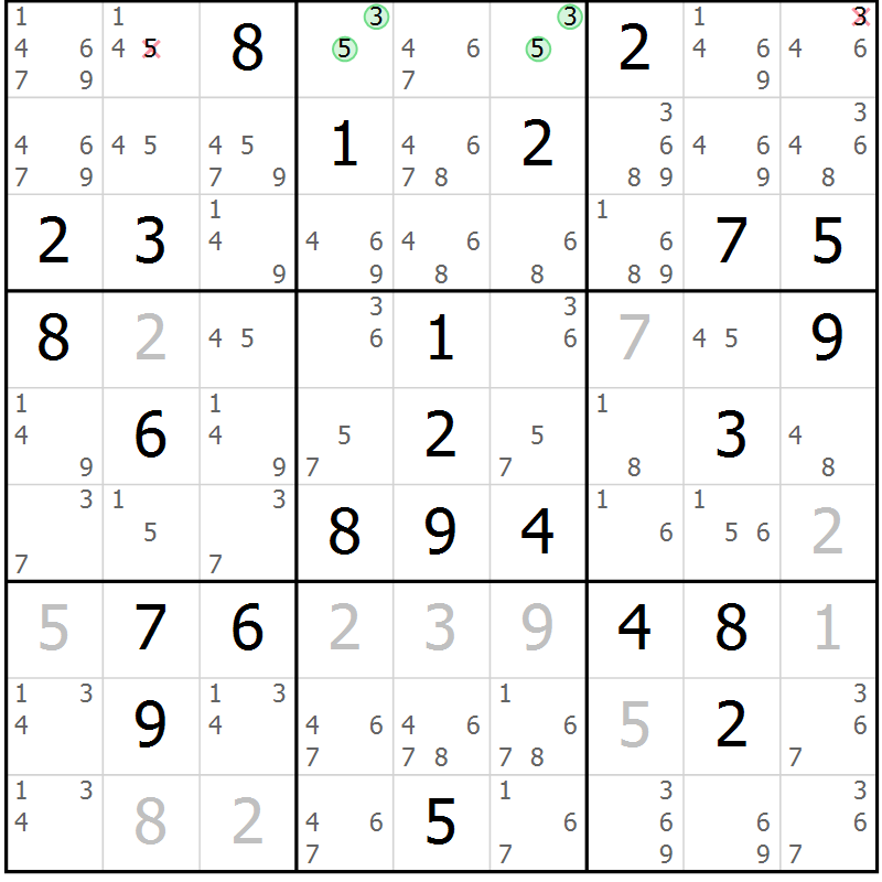 Position des candidats pour la solution de la Gr 48 page 50 du magazine de sudoku SUDOKU EXPERT n° 022