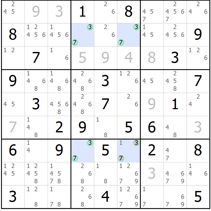Position des candidats pour la solution de la Gr 52 page 54 du magazine de sudoku SUDOKU EXPERT n° 022