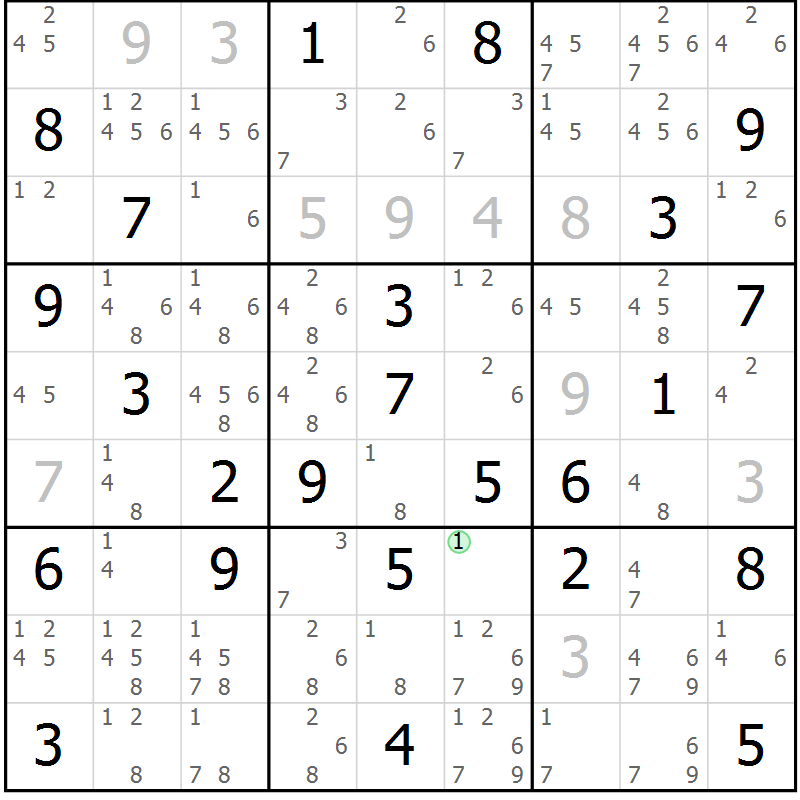 Position des candidats pour la solution de la Gr 52 page 54 du magazine de sudoku SUDOKU EXPERT n° 022