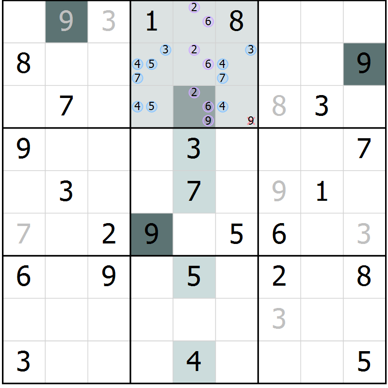 Position des candidats pour la solution de la Gr 52 page 54 du magazine de sudoku SUDOKU EXPERT n° 022