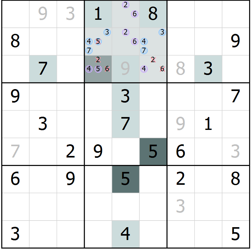 Position des candidats pour la solution de la Gr 52 page 54 du magazine de sudoku SUDOKU EXPERT n° 022