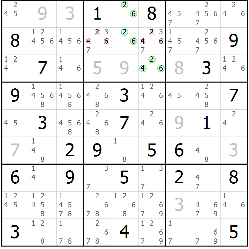 Position des candidats pour la solution de la Gr 52 page 54 du magazine de sudoku SUDOKU EXPERT n° 022