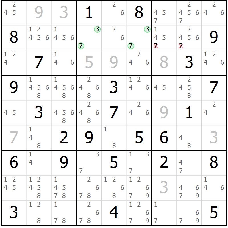 Position des candidats pour la solution de la Gr 52 page 54 du magazine de sudoku SUDOKU EXPERT n° 022