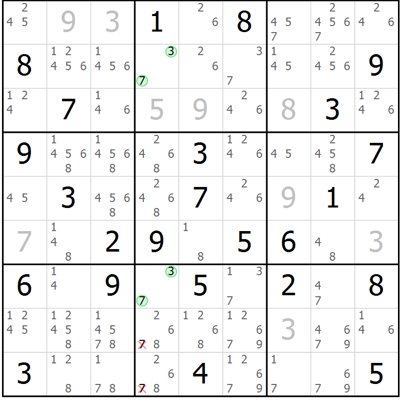 Position des candidats pour la solution de la Gr 52 page 54 du magazine de sudoku SUDOKU EXPERT n° 022