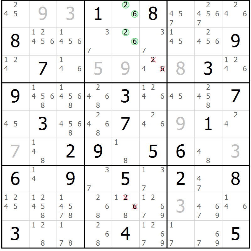 Position des candidats pour la solution de la Gr 52 page 54 du magazine de sudoku SUDOKU EXPERT n° 022