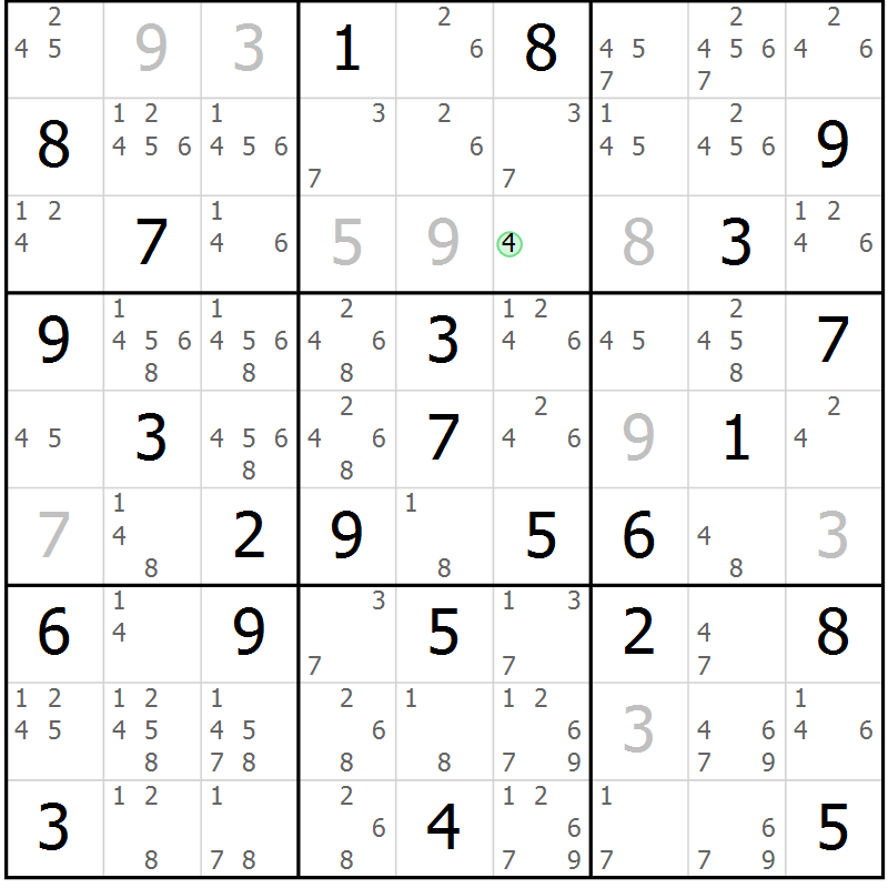 Position des candidats pour la solution de la Gr 52 page 54 du magazine de sudoku SUDOKU EXPERT n° 022