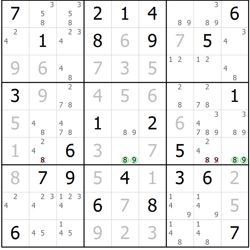 Position des candidats pour la solution de la Gr 54 page 56 du magazine de sudoku SUDOKU EXPERT n° 022