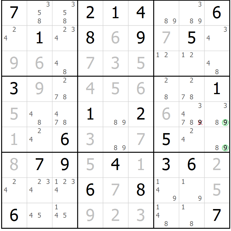 Position des candidats pour la solution de la Gr 54 page 56 du magazine de sudoku SUDOKU EXPERT n° 022