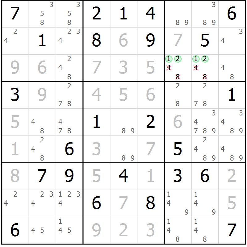 Position des candidats pour la solution de la Gr 54 page 56 du magazine de sudoku SUDOKU EXPERT n° 022