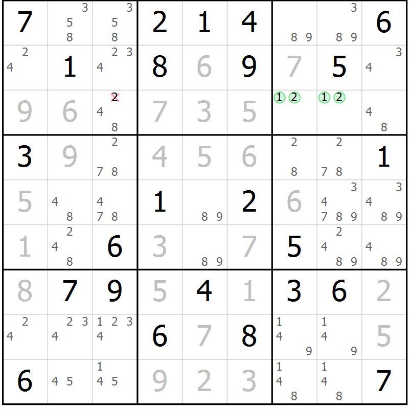 Position des candidats pour la solution de la Gr 54 page 56 du magazine de sudoku SUDOKU EXPERT n° 022