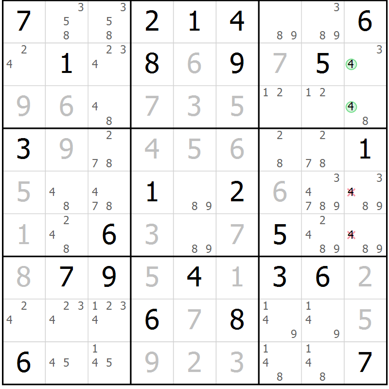 Position des candidats pour la solution de la Gr 54 page 56 du magazine de sudoku SUDOKU EXPERT n° 022