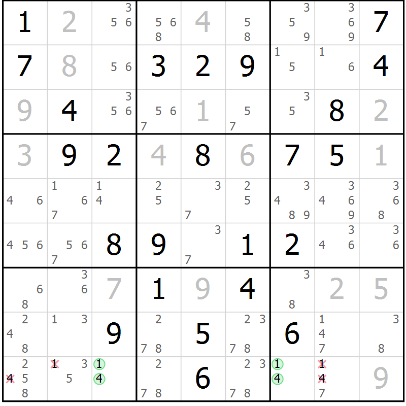 Position des candidats pour la solution de la Gr 55 page 57 du magazine de sudoku SUDOKU EXPERT n° 022