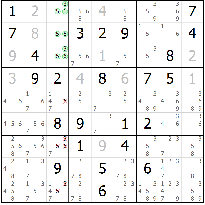 Position des candidats pour la solution de la Gr 55 page 57 du magazine de sudoku SUDOKU EXPERT n° 022